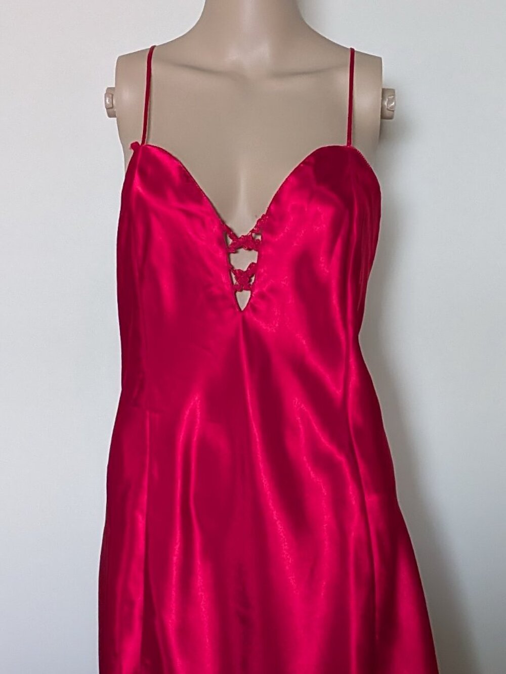 Vtg Vanity Fair Nightie, Dress, XL, Red Satin, Low Cut, Adjustable Straps